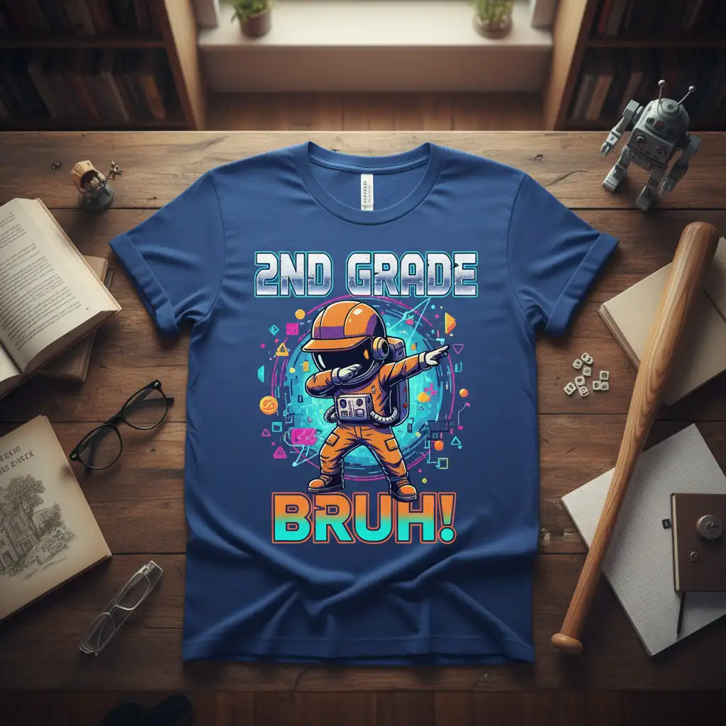 2nd Grade Bruh! text with dabbing astronaut graphic on a blue t-shirt for school kids