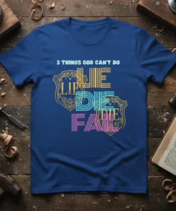 Blue t-shirt with "3 Things God Can't Do LIFE DIE FADE" in colorful, stylized text and a gold shield graphic