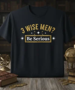 Black t-shirt with gold text: "3 WISE MEN? Be Serious" in a festive, slightly distressed font, featuring star accents