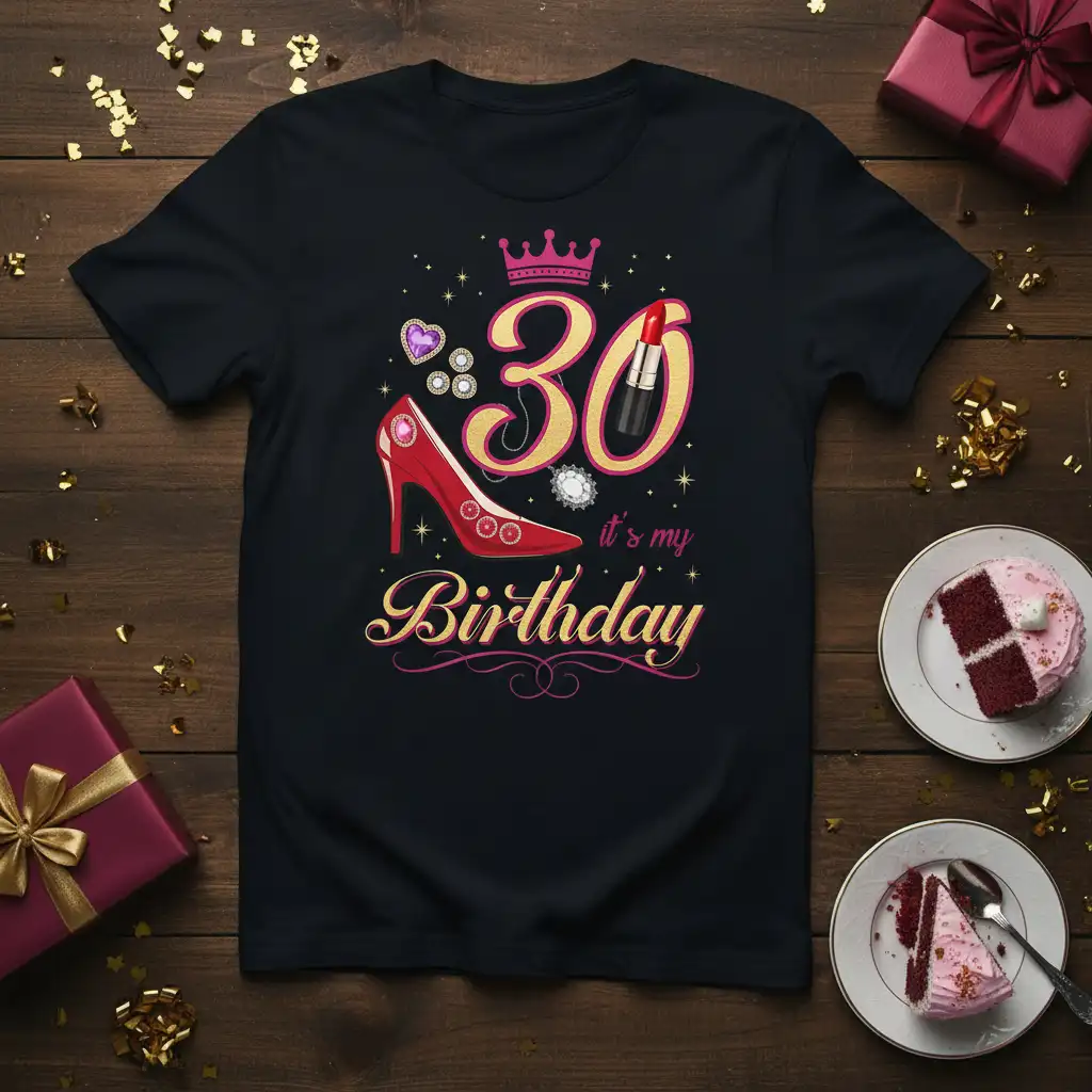 30 It's My Birthday text with crown and red high heel shoe graphic on a black t-shirt
