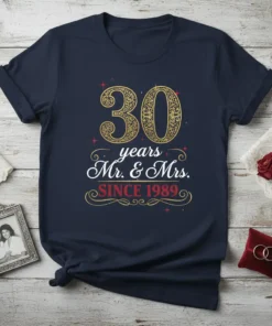 Navy blue t-shirt featuring "30 years Mr. & Mrs. SINCE 1989" in elegant gold and red lettering, celebrating a 30th