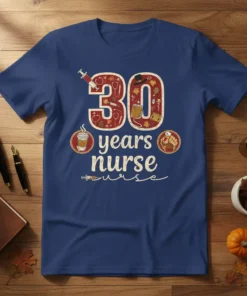 30 Years Nurse Curse t-shirt design with vintage medical icons and autumn leaves. Features the number 30, "years nurse curse"