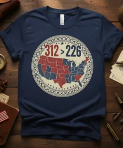 312 > 226 Electoral College T-Shirt showing US map with red and blue states, political statement design