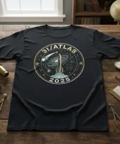 31/ATLAS 2025 rocket launch t-shirt design with a galaxy and comet graphic