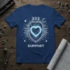 Navy blue t-shirt with "333 Support" text, a shield design with a glowing heart, circuit board patterns, stars, and a