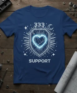 Navy blue t-shirt with "333 Support" text, a shield design with a glowing heart, circuit board patterns, stars, and a