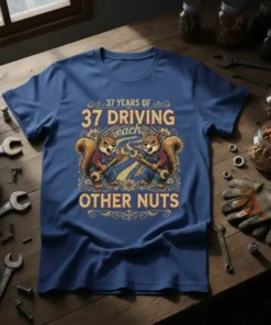 37 Years of 37 Driving Each Other Nuts T-Shirt with two cartoon squirrels holding wrenches