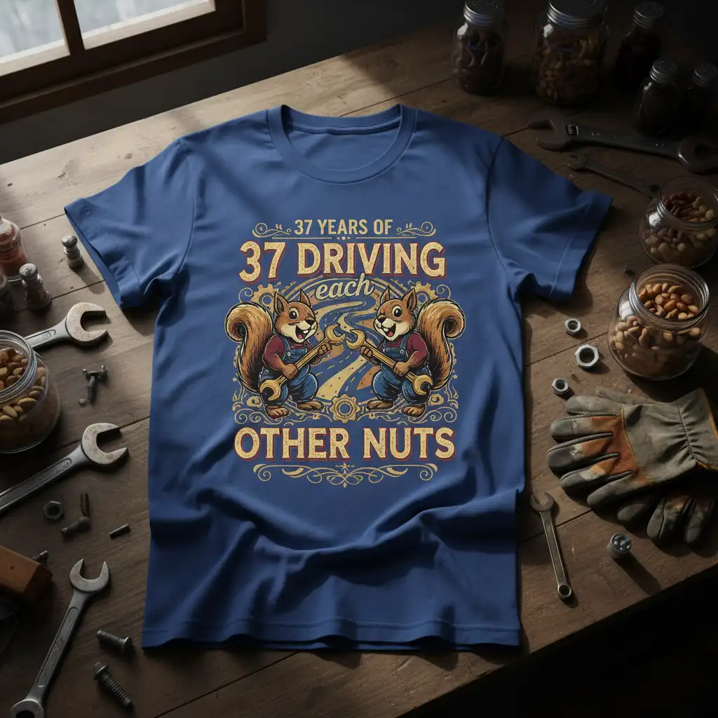 37 Years of 37 Driving Each Other Nuts funny quote t-shirt with squirrels and wrenches graphic