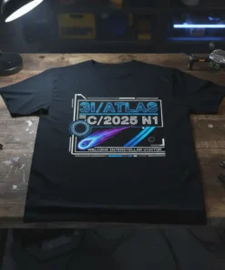 3I/ATLAS C/2025 N1 Welcome Interstellar Visitor t-shirt with a comet graphic and futuristic text, available in black