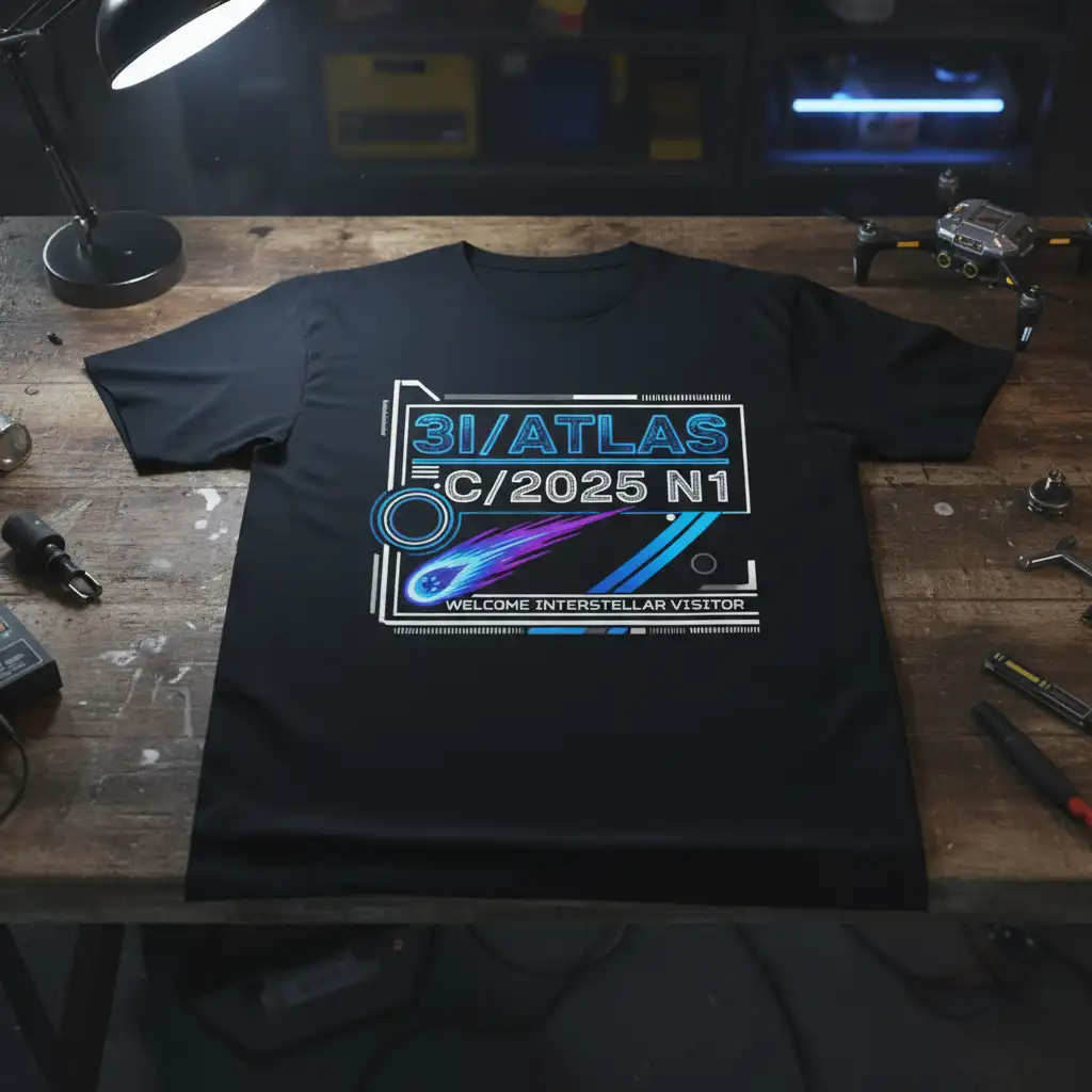 3I/ATLAS C/2025 N1 Welcome Interstellar Visitor text with comet graphic on black t-shirt design