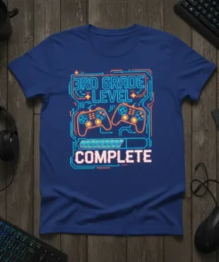 3rd Grade Level Complete gamer t-shirt with neon game controllers and progress bar graphic