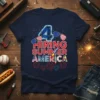 Navy blue t-shirt with "4 HIRING SUMMER AMERICA" text, patriotic graphics, sunglasses, rocket, and fireworks for 4th of July celebration