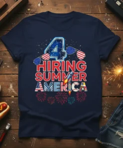 Navy blue t-shirt with "4 HIRING SUMMER AMERICA" text, patriotic graphics, sunglasses, rocket, and fireworks for 4th of July celebration
