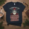 4 Stages of Life Santa Claus humor t-shirt design with numbered lists detailing the progression