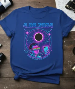 4.08.2024 The Eclipse Selfie t-shirt design featuring a person taking a selfie during a solar eclipse with cosmic background