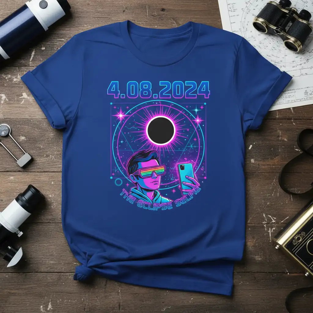 4.08.2024 The Eclipse Selfie graphic tee featuring a person with rainbow glasses taking a selfie during a solar eclipse with starry cosmic