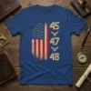 45 47 48 numbers with eagle graphic and distressed American flag on a blue t-shirt