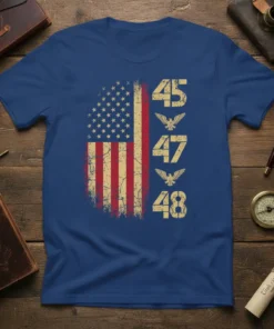45 47 48 numbers with eagle graphic and distressed American flag on a blue t-shirt