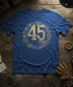 Blue t-shirt with gold distressed "45 CÓDIGO" text surrounded by steampunk gears and circuitry design