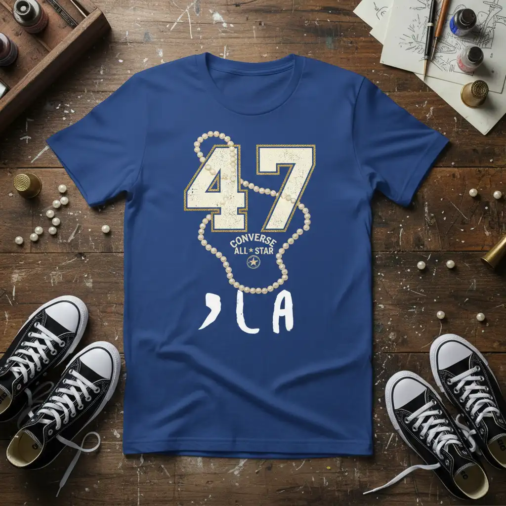 47 Converse All Star DLA graphic tee with distressed numbers and pearl necklace design