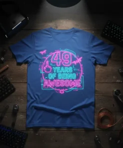 49 Years Of Being Awesome text design with retro neon glow and middle finger graphic, celebrating a 49th birthday