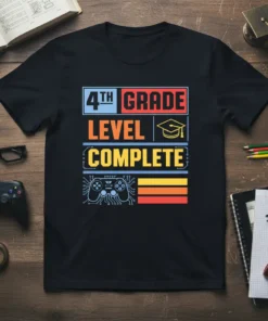 Black t-shirt with "4th Grade Level Complete" text design featuring a graduation cap and video game controller graphic