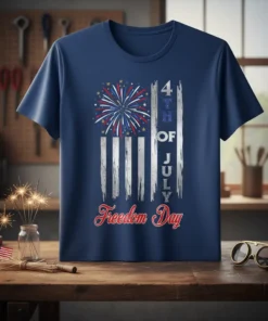 4th of July Freedom Day T-Shirt featuring distressed American flag design with fireworks and bold text