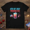 4th of July Freedom Fizz t-shirt design with a neon-style drink, American flag, and fireworks