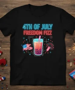 4th of July Freedom Fizz t-shirt design with a neon-style drink, American flag, and fireworks