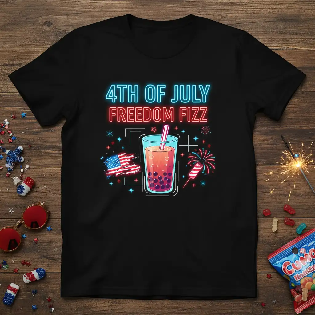 4th of July Freedom Fizz text with a neon-style drink, American flag, and fireworks graphic on a black tee