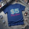 $5 Bling Queen text design with glitter dollar sign and pink lettering on a royal blue t-shirt