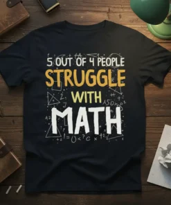 Black t-shirt with white and yellow text that reads "5 Out Of 4 People Struggle With Math," surrounded by math