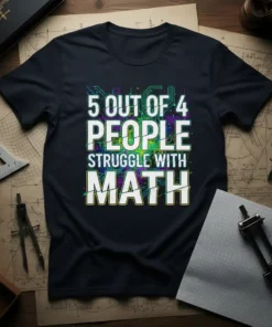 5 Out of 4 People Struggle With Math humorous quote on a dark t-shirt with circuit board background