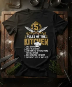 Black t-shirt with "5 Rules of the Kitchen" quote, featuring crossed knives and chef's hat graphic, listing cooking rules