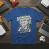 Blue t-shirt with "5 Symptoms of Laziness 1." text and cartoon graphic of a person lounging amidst snacks and drinks