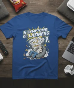 Blue t-shirt with "5 Symptoms of Laziness 1." text and cartoon graphic of a person lounging amidst snacks and drinks