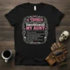 Black t-shirt featuring "5 Things You Should Know About My Aunt" list in pink and white typography with decorative border