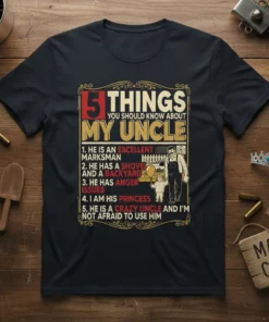 5 Things You Should Know About My Uncle T-Shirt with list of traits and illustration of uncle and child
