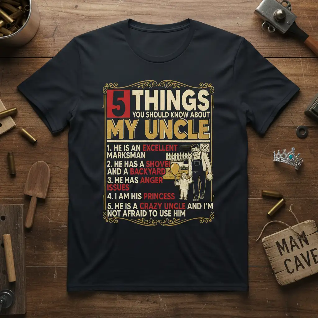 5 Things You Should Know About My Uncle quote t-shirt with humorous list and graphic