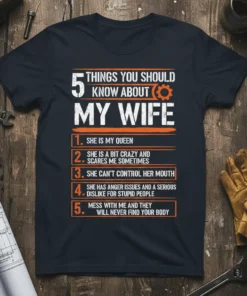 5 Things You Should Know About My Wife funny quote t-shirt design with numbered list and gear graphic