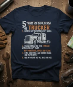 Navy blue t-shirt with bold orange and white text listing "5 Things You Should Know This Trucker" and five key