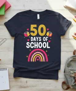 50 Days of School t-shirt design with gold glitter text, books, hearts, and a rainbow graphic