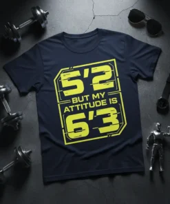 Navy t-shirt with "5'2" But My Attitude Is 6'3"" quote in yellow, bold futuristic font