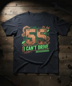55 I Can't Drive t-shirt with distressed number 55 and green text, featuring gears and circuit board graphics