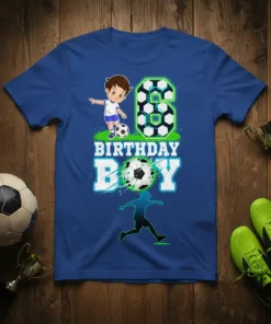 6 Birthday Boy soccer T-Shirt with a cartoon boy, the number 6 made of soccer balls, and the words BIRTHDAY