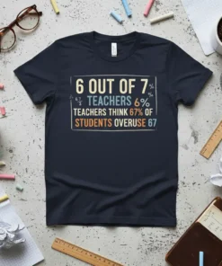 Navy t-shirt with bold text: "6 OUT OF 7 % 6/2 TEACHERS 6% TEACHERS THINK 67% OF STUDENTS OVERUSE 67"