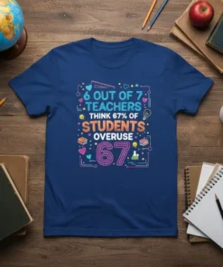 Teacher humor t-shirt design featuring the quote "6 OUT OF 7 TEACHERS THINK 67% OF STUDENTS OVERUSE 67" with colorful