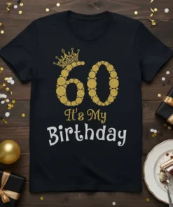 Black t-shirt with "60 It's My Birthday" design, featuring a gold glitter number 60 with a crown and white text