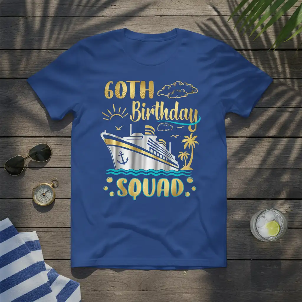 60TH Birthday SQUAD text and cruise ship graphic on a blue t-shirt, perfect for group travel celebrations