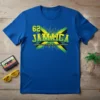 Blue t-shirt with "62 Jamaica Out of Many, One People" text and Jamaican flag graphic, featuring circuit board pattern